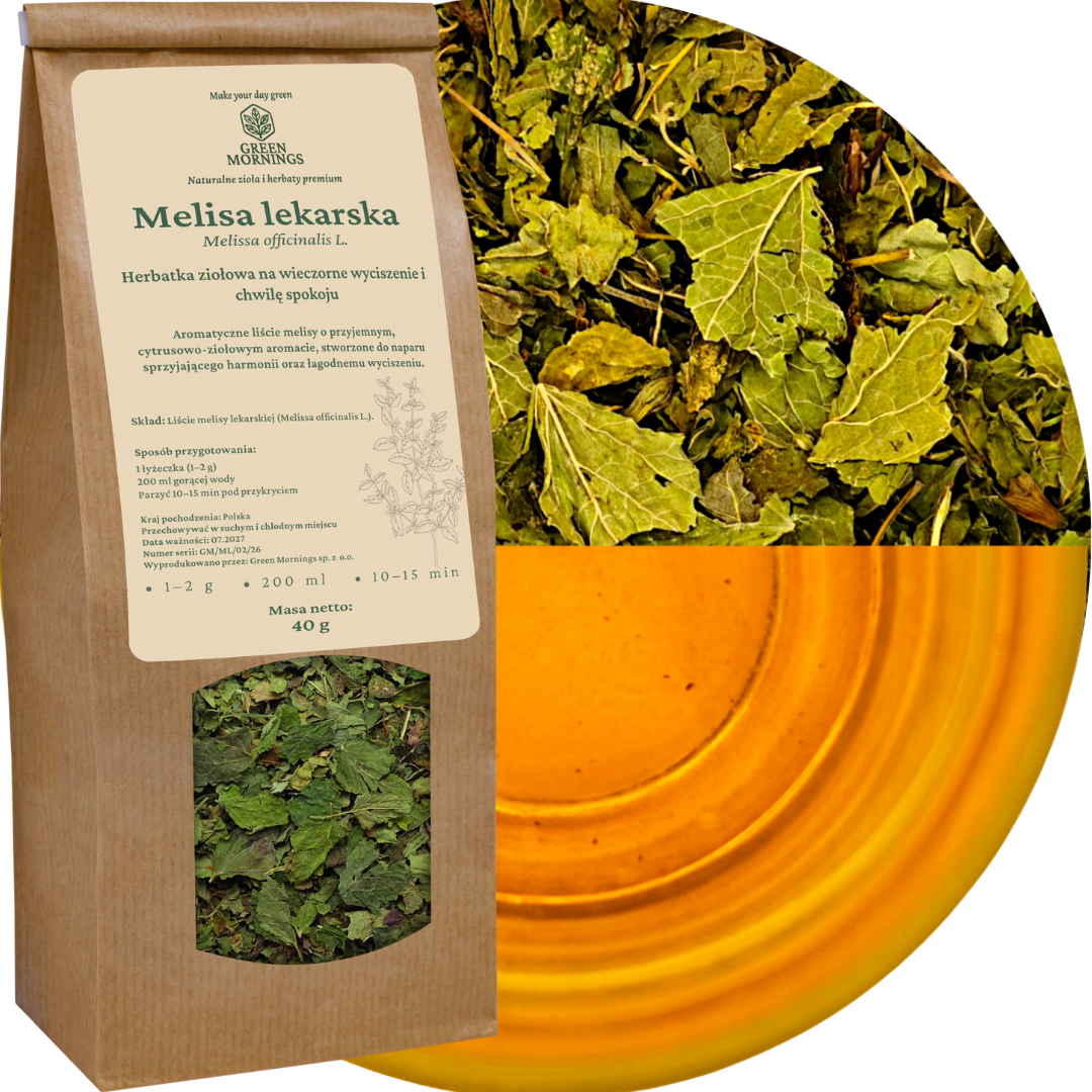 Melisa lekarska w liściach na zdjęciu widoczny jest produkt w formie suszonych liści melisy, mieszanka ziołowa przed zaparzeniem oraz filiżanka herbaty pokazująca, jak napar wygląda po przygotowaniu.